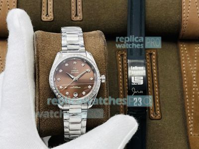 TWS Factory Replica Omega Seamaster Aqua Terra SS Brown Dial Diamond Bezel Ladies Watch 34mm